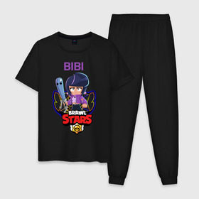 Мужская пижама хлопок с принтом BRAWL STARS BIBI. в городе Новоалтайск, 100% хлопок | брюки и футболка прямого кроя, без карманов, на брюках мягкая резинка на поясе и по низу штанин
 | bib | brawl stars | bull | colt | crow | leon | leon shark | moba | sally leon | shark | акула | берли | биби | бравл старс | ворон | жанр | игра | кольт | леон | леон акула | нита | спайк | шелли