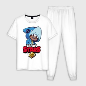 Мужская пижама хлопок с принтом Brawl Stars LEON SHARK в городе Новоалтайск, 100% хлопок | брюки и футболка прямого кроя, без карманов, на брюках мягкая резинка на поясе и по низу штанин
 | 8 bit | 8 бит | brawl | brawl stars | crow | leon | shark | stars | акула | бравл | бравл старс | браво старс | игра | компьютерная | кров | леон | леон акула | онлайн | старс | шарк