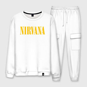 Мужской костюм хлопок с принтом NIRVANA в городе Новоалтайск, 100% хлопок | на свитшоте круглая горловина, мягкая резинка по низу. Брюки заужены к низу, на них два вида карманов: два “обычных” по бокам и два объемных, с клапанами, расположенные ниже линии бедра. Брюки с мягкой трикотажной резинкой на поясе и по низу штанин. В поясе для дополнительного комфорта — широкие завязки | nirvana | smile | курт кобейн | нирвана | смайл