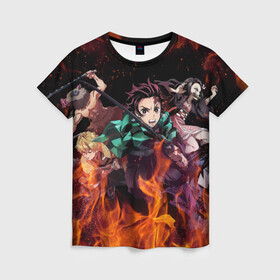 Женская футболка 3D с принтом Kimetsu no Yaiba в огне в городе Новоалтайск, 100% полиэфир ( синтетическое хлопкоподобное полотно) | прямой крой, круглый вырез горловины, длина до линии бедер | demon slayer | demon slayer: kimetsu no yaiba | kimetsu | kimetsu no yaiba | nezuko | slayer | tanjiro | клинок рассекающий демонов | незуко | танджиро | шинобу кочо