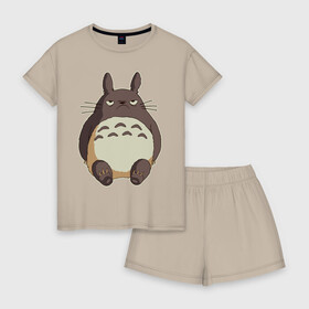 Женская пижама с шортиками хлопок с принтом грустный Тоторо в городе Новоалтайск, 100% хлопок | футболка прямого кроя, шорты свободные с широкой мягкой резинкой | anime | totoro | аниме | анимэ | монстр | монстрик | персонаж | существо | тоторо | хранитель