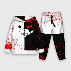 Детский костюм 3D (с толстовкой) с принтом monokuma мордочка и брызги в городе Новоалтайск,  |  | Тематика изображения на принте: anime | bear | black  white | danganronpa | kurokuma | monodam | monokuma | monomi | monotaro | rabbit | school | shirokuma | аниме | главарь | мoноми | монокума | черно белый | школа