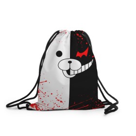 Рюкзак-мешок 3D с принтом MONOKUMA в городе Новоалтайск, 100% полиэстер | плотность ткани — 200 г/м2, размер — 35 х 45 см; лямки — толстые шнурки, застежка на шнуровке, без карманов и подкладки | Тематика изображения на принте: anime | bear | black  white | danganronpa | kurokuma | monodam | monokuma | monomi | monotaro | rabbit | school | shirokuma | аниме | главарь | мoноми | монокума | черно белый | школа