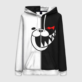 Женская толстовка 3D на молнии с принтом MONOKUMA (КАПЮШОН) в городе Новоалтайск, 100% полиэстер | длина до линии бедра, манжеты и пояс оформлены мягкой тканевой резинкой, двухслойный капюшон со шнурком для регулировки, спереди молния, по бокам два кармана | anime | bear | black  white | danganronpa | kurokuma | monodam | monokuma | monomi | monotaro | rabbit | school | shirokuma | аниме | главарь | мoноми | монокума | черно белый | школа