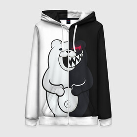 Женская толстовка 3D на молнии с принтом MONOKUMA  в городе Новоалтайск, 100% полиэстер | длина до линии бедра, манжеты и пояс оформлены мягкой тканевой резинкой, двухслойный капюшон со шнурком для регулировки, спереди молния, по бокам два кармана | anime | bear | black  white | danganronpa | kurokuma | monodam | monokuma | monomi | monotaro | rabbit | school | shirokuma | аниме | главарь | мoноми | монокума | черно белый | школа