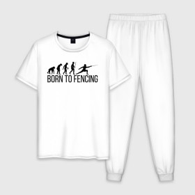 Мужская пижама хлопок с принтом Born to Fencing в городе Новоалтайск, 100% хлопок | брюки и футболка прямого кроя, без карманов, на брюках мягкая резинка на поясе и по низу штанин
 | fencer | fencing | артистическое фехтование | боевое фехтование | историческое фехтование | спорт | спортивное фехтование | сценическое фехтование | фехтовальщик | фехтование