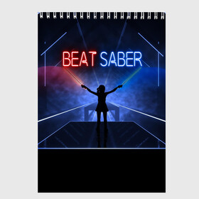 Скетчбук с принтом Beat Saber в городе Новоалтайск, 100% бумага
 | 48 листов, плотность листов — 100 г/м2, плотность картонной обложки — 250 г/м2. Листы скреплены сверху удобной пружинной спиралью | 3d | 3д | beat | saber | виртуальная | игра | реальность | ритм