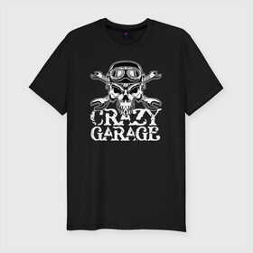 Мужская футболка хлопок Slim с принтом Crazy garage в городе Новоалтайск, 92% хлопок, 8% лайкра | приталенный силуэт, круглый вырез ворота, длина до линии бедра, короткий рукав | bones | garage | helmet | orbits | skull | teeth | wrench | гаечный ключ | гараж | глазницы | зубы | череп | шлем