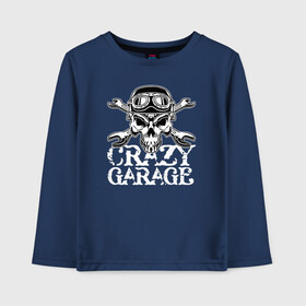 Детский лонгслив хлопок с принтом Crazy garage в городе Новоалтайск, 100% хлопок | круглый вырез горловины, полуприлегающий силуэт, длина до линии бедер | bones | garage | helmet | orbits | skull | teeth | wrench | гаечный ключ | гараж | глазницы | зубы | череп | шлем