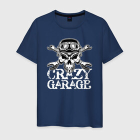 Мужская футболка хлопок с принтом Crazy garage в городе Новоалтайск, 100% хлопок | прямой крой, круглый вырез горловины, длина до линии бедер, слегка спущенное плечо. | bones | garage | helmet | orbits | skull | teeth | wrench | гаечный ключ | гараж | глазницы | зубы | череп | шлем