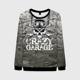 Мужской свитшот 3D с принтом Crazy garage в городе Новоалтайск, 100% полиэстер с мягким внутренним слоем | круглый вырез горловины, мягкая резинка на манжетах и поясе, свободная посадка по фигуре | bones | garage | helmet | metal | orbits | skull | teeth | wrench | гаечный ключ | гараж | глазницы | зубы | металл | череп | шлем