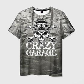 Мужская футболка 3D с принтом Crazy garage в городе Новоалтайск, 100% полиэфир | прямой крой, круглый вырез горловины, длина до линии бедер | Тематика изображения на принте: bones | garage | helmet | metal | orbits | skull | teeth | wrench | гаечный ключ | гараж | глазницы | зубы | металл | череп | шлем
