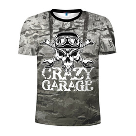 Мужская футболка 3D спортивная с принтом Crazy garage в городе Новоалтайск, 100% полиэстер с улучшенными характеристиками | приталенный силуэт, круглая горловина, широкие плечи, сужается к линии бедра | bones | garage | helmet | metal | orbits | skull | teeth | wrench | гаечный ключ | гараж | глазницы | зубы | металл | череп | шлем