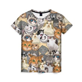 Женская футболка 3D с принтом ALL CATS MEMES в городе Новоалтайск, 100% полиэфир ( синтетическое хлопкоподобное полотно) | прямой крой, круглый вырез горловины, длина до линии бедер | cats | mem | memes | mems | кот | коты | кошки | мемс | мемы | мэмы