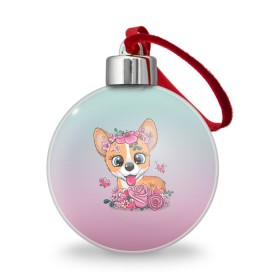 Ёлочный шар с принтом Милый корги в цветах в городе Новоалтайск, Пластик | Диаметр: 77 мм | 14 февраля | бабочки | девочка | день влюбленных | день святого валентина | корг | корги | милая | милота | милый | пес | собака | собачка | цветочки | цветы