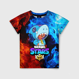 Детская футболка 3D с принтом BRAWL STARS LEON SHARK в городе Новоалтайск, 100% гипоаллергенный полиэфир | прямой крой, круглый вырез горловины, длина до линии бедер, чуть спущенное плечо, ткань немного тянется | bibi | brawl stars | crow | el brown | leon | leon shark | max | sally leon | shark | stars | акула | биби | ворон | леон