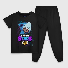 Детская пижама хлопок с принтом Brawl Stars LEON SHARK в городе Новоалтайск, 100% хлопок |  брюки и футболка прямого кроя, без карманов, на брюках мягкая резинка на поясе и по низу штанин
 | Тематика изображения на принте: brawl | brawl stars | crow | leon | sally | shark | stars | акула | бравл | бравл старс | браво старс | игра | компьютерная | кров | леон | леон акула | онлайн | старс | шарк