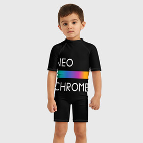 Детский купальный костюм 3D с принтом NEO CHROME в городе Новоалтайск, Полиэстер 85%, Спандекс 15% | застежка на молнии на спине | Тематика изображения на принте: rgb | контрастный | круг | металл | мудрость | мысль | надпись | палитра | радуга | радужный | символ | сфера | текст | фраза | цветной | яркий