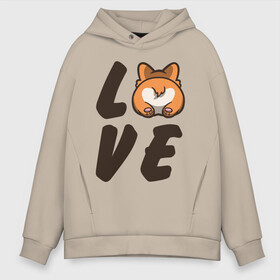 Мужское худи Oversize хлопок с принтом Love Corgi в городе Новоалтайск, френч-терри — 70% хлопок, 30% полиэстер. Мягкий теплый начес внутри —100% хлопок | боковые карманы, эластичные манжеты и нижняя кромка, капюшон на магнитной кнопке | corgi | корги
