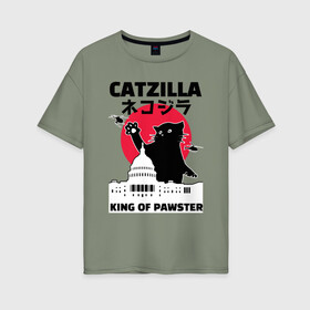 Женская футболка хлопок Oversize с принтом Catzilla King of Pawster в городе Новоалтайск, 100% хлопок | свободный крой, круглый ворот, спущенный рукав, длина до линии бедер
 | cat | catzilla | kitty | paw | pawster | годзилла | кот | котики | коты | кошки | пародия