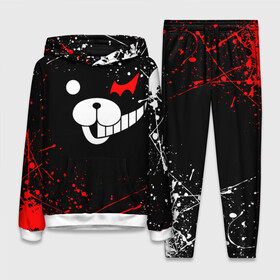 Женский костюм 3D (с толстовкой) с принтом MONOKUMA краснобелые брызги в городе Новоалтайск,  |  | Тематика изображения на принте: anime | bear | black  white | danganronpa | kurokuma | monodam | monokuma | monomi | monotaro | rabbit | school | shirokuma | аниме | главарь | мoноми | монокума | черно белый | школа