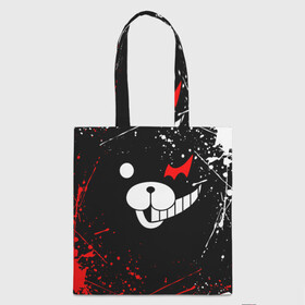 Шоппер 3D с принтом MONOKUMA краснобелые брызги в городе Новоалтайск, 100% полиэстер | Плотность: 200 г/м2; Размер: 34×35 см; Высота лямок: 30 см | anime | bear | black  white | danganronpa | kurokuma | monodam | monokuma | monomi | monotaro | rabbit | school | shirokuma | аниме | главарь | мoноми | монокума | черно белый | школа