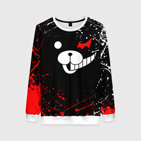 Женский свитшот 3D с принтом MONOKUMA краснобелые брызги в городе Новоалтайск, 100% полиэстер с мягким внутренним слоем | круглый вырез горловины, мягкая резинка на манжетах и поясе, свободная посадка по фигуре | anime | bear | black  white | danganronpa | kurokuma | monodam | monokuma | monomi | monotaro | rabbit | school | shirokuma | аниме | главарь | мoноми | монокума | черно белый | школа
