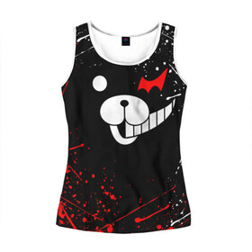 Женская майка 3D с принтом MONOKUMA краснобелые брызги в городе Новоалтайск, 100% полиэстер | круглая горловина, прямой силуэт, длина до линии бедра | anime | bear | black  white | danganronpa | kurokuma | monodam | monokuma | monomi | monotaro | rabbit | school | shirokuma | аниме | главарь | мoноми | монокума | черно белый | школа