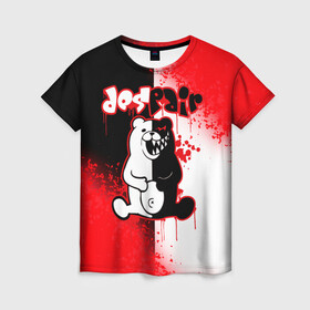 Женская футболка 3D с принтом MONOKUMA. в городе Новоалтайск, 100% полиэфир ( синтетическое хлопкоподобное полотно) | прямой крой, круглый вырез горловины, длина до линии бедер | anime | bear | black  white | danganronpa | kurokuma | monodam | monokuma | monomi | monotaro | pink | rabbit | school | shirokuma | аниме | главарь | мoноми | монокума | черно белый | школа