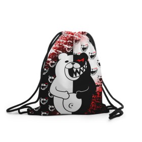 Рюкзак-мешок 3D с принтом MONOKUMA. в городе Новоалтайск, 100% полиэстер | плотность ткани — 200 г/м2, размер — 35 х 45 см; лямки — толстые шнурки, застежка на шнуровке, без карманов и подкладки | anime | bear | black  white | danganronpa | kurokuma | monodam | monokuma | monomi | monotaro | pink | rabbit | school | shirokuma | аниме | главарь | мoноми | монокума | черно белый | школа