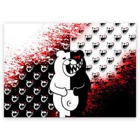 Поздравительная открытка с принтом MONOKUMA. в городе Новоалтайск, 100% бумага | плотность бумаги 280 г/м2, матовая, на обратной стороне линовка и место для марки
 | anime | bear | black  white | danganronpa | kurokuma | monodam | monokuma | monomi | monotaro | pink | rabbit | school | shirokuma | аниме | главарь | мoноми | монокума | черно белый | школа