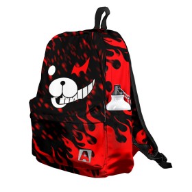 Рюкзак 3D с принтом MONOKUMA. в городе Новоалтайск, 100% полиэстер | лямки с регулируемой длиной, сверху петелька, чтобы рюкзак можно было повесить на вешалку. Основное отделение закрывается на молнию, как и внешний карман. Внутри два дополнительных кармана, один из которых закрывается на молнию. По бокам два дополнительных кармашка | anime | bear | black  white | danganronpa | kurokuma | monodam | monokuma | monomi | monotaro | pink | rabbit | school | shirokuma | аниме | главарь | мoноми | монокума | черно белый | школа