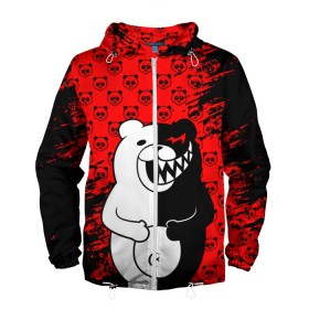 Мужская ветровка 3D с принтом MONOKUMA. в городе Новоалтайск, 100% полиэстер | подол и капюшон оформлены резинкой с фиксаторами, два кармана без застежек по бокам, один потайной карман на груди | Тематика изображения на принте: anime | bear | black  white | danganronpa | kurokuma | monodam | monokuma | monomi | monotaro | pink | rabbit | school | shirokuma | аниме | главарь | мoноми | монокума | черно белый | школа