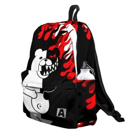 Рюкзак 3D с принтом MONOKUMA. в городе Новоалтайск, 100% полиэстер | лямки с регулируемой длиной, сверху петелька, чтобы рюкзак можно было повесить на вешалку. Основное отделение закрывается на молнию, как и внешний карман. Внутри два дополнительных кармана, один из которых закрывается на молнию. По бокам два дополнительных кармашка | anime | bear | black  white | danganronpa | kurokuma | monodam | monokuma | monomi | monotaro | pink | rabbit | school | shirokuma | аниме | главарь | мoноми | монокума | черно белый | школа