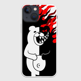 Чехол для iPhone 13 mini с принтом Монокума красные языки пламени в городе Новоалтайск,  |  | anime | bear | black  white | danganronpa | kurokuma | monodam | monokuma | monomi | monotaro | pink | rabbit | school | shirokuma | аниме | главарь | мoноми | монокума | черно белый | школа