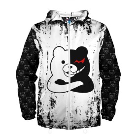 Мужская ветровка 3D с принтом MONOKUMA. в городе Новоалтайск, 100% полиэстер | подол и капюшон оформлены резинкой с фиксаторами, два кармана без застежек по бокам, один потайной карман на груди | Тематика изображения на принте: anime | bear | black  white | danganronpa | kurokuma | monodam | monokuma | monomi | monotaro | pink | rabbit | school | shirokuma | аниме | главарь | мoноми | монокума | черно белый | школа