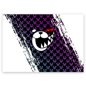 Поздравительная открытка с принтом MONOKUMA. в городе Новоалтайск, 100% бумага | плотность бумаги 280 г/м2, матовая, на обратной стороне линовка и место для марки
 | anime | bear | black  white | danganronpa | kurokuma | monodam | monokuma | monomi | monotaro | pink | rabbit | school | shirokuma | аниме | главарь | мoноми | монокума | черно белый | школа