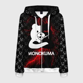 Мужская толстовка 3D на молнии с принтом MONOKUMA. в городе Новоалтайск, 100% полиэстер | длина до линии бедра, манжеты и пояс оформлены мягкой тканевой резинкой, двухслойный капюшон со шнурком для регулировки, спереди молния, по бокам два кармана | Тематика изображения на принте: anime | bear | black  white | danganronpa | kurokuma | monodam | monokuma | monomi | monotaro | pink | rabbit | school | shirokuma | аниме | главарь | мoноми | монокума | черно белый | школа