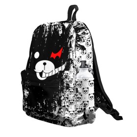 Рюкзак 3D с принтом MONOKUMA. в городе Новоалтайск, 100% полиэстер | лямки с регулируемой длиной, сверху петелька, чтобы рюкзак можно было повесить на вешалку. Основное отделение закрывается на молнию, как и внешний карман. Внутри два дополнительных кармана, один из которых закрывается на молнию. По бокам два дополнительных кармашка | anime | bear | black  white | danganronpa | kurokuma | monodam | monokuma | monomi | monotaro | pink | rabbit | school | shirokuma | аниме | главарь | мoноми | монокума | черно белый | школа