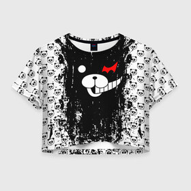 Женская футболка Crop-top 3D с принтом MONOKUMA. в городе Новоалтайск, 100% полиэстер | круглая горловина, длина футболки до линии талии, рукава с отворотами | anime | bear | black  white | danganronpa | kurokuma | monodam | monokuma | monomi | monotaro | pink | rabbit | school | shirokuma | аниме | главарь | мoноми | монокума | черно белый | школа
