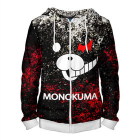 Мужская толстовка 3D на молнии с принтом MONOKUMA. в городе Новоалтайск, 100% полиэстер | длина до линии бедра, манжеты и пояс оформлены мягкой тканевой резинкой, двухслойный капюшон со шнурком для регулировки, спереди молния, по бокам два кармана | Тематика изображения на принте: anime | bear | black  white | danganronpa | kurokuma | monodam | monokuma | monomi | monotaro | pink | rabbit | school | shirokuma | аниме | главарь | мoноми | монокума | черно белый | школа