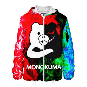 Мужская куртка 3D с принтом MONOKUMA. в городе Новоалтайск, ткань верха — 100% полиэстер, подклад — флис | прямой крой, подол и капюшон оформлены резинкой с фиксаторами, два кармана без застежек по бокам, один большой потайной карман на груди. Карман на груди застегивается на липучку | anime | bear | black  white | danganronpa | kurokuma | monodam | monokuma | monomi | monotaro | pink | rabbit | school | shirokuma | аниме | главарь | мoноми | монокума | черно белый | школа