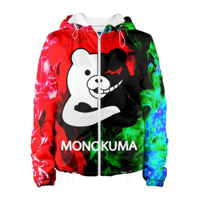 Женская куртка 3D с принтом MONOKUMA. в городе Новоалтайск, ткань верха — 100% полиэстер, подклад — флис | прямой крой, подол и капюшон оформлены резинкой с фиксаторами, два кармана без застежек по бокам, один большой потайной карман на груди. Карман на груди застегивается на липучку | anime | bear | black  white | danganronpa | kurokuma | monodam | monokuma | monomi | monotaro | pink | rabbit | school | shirokuma | аниме | главарь | мoноми | монокума | черно белый | школа