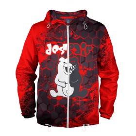 Мужская ветровка 3D с принтом MONOKUMA. в городе Новоалтайск, 100% полиэстер | подол и капюшон оформлены резинкой с фиксаторами, два кармана без застежек по бокам, один потайной карман на груди | Тематика изображения на принте: anime | bear | black  white | danganronpa | kurokuma | monodam | monokuma | monomi | monotaro | pink | rabbit | school | shirokuma | аниме | главарь | мoноми | монокума | черно белый | школа