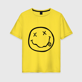 Женская футболка хлопок Oversize с принтом NIRVANA (+ на спине) в городе Новоалтайск, 100% хлопок | свободный крой, круглый ворот, спущенный рукав, длина до линии бедер
 | cobain | kurt | nirvana | кобейн | курт | нирвана | смайл | улыбка