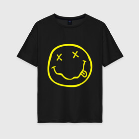Женская футболка хлопок Oversize с принтом NIRVANA (+ на спине) в городе Новоалтайск, 100% хлопок | свободный крой, круглый ворот, спущенный рукав, длина до линии бедер
 | cobain | kurt | nirvana | кобейн | курт | нирвана | смайл | улыбка
