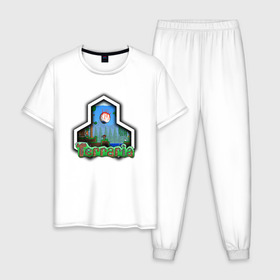 Мужская пижама хлопок с принтом Terraria в городе Новоалтайск, 100% хлопок | брюки и футболка прямого кроя, без карманов, на брюках мягкая резинка на поясе и по низу штанин
 | game | logo | teraria | terraria | игра | инди игра | логотип | надпись | терария | террария