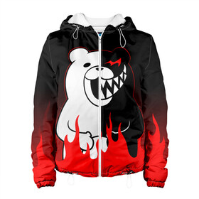 Женская куртка 3D с принтом MONOKUMA в городе Новоалтайск, ткань верха — 100% полиэстер, подклад — флис | прямой крой, подол и капюшон оформлены резинкой с фиксаторами, два кармана без застежек по бокам, один большой потайной карман на груди. Карман на груди застегивается на липучку | anime | bear | black  white | danganronpa | kurokuma | monodam | monokuma | monomi | monotaro | rabbit | school | shirokuma | аниме | главарь | мoноми | монокума | черно белый | школа