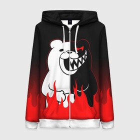 Женская толстовка 3D на молнии с принтом MONOKUMA в городе Новоалтайск, 100% полиэстер | длина до линии бедра, манжеты и пояс оформлены мягкой тканевой резинкой, двухслойный капюшон со шнурком для регулировки, спереди молния, по бокам два кармана | anime | bear | black  white | danganronpa | kurokuma | monodam | monokuma | monomi | monotaro | rabbit | school | shirokuma | аниме | главарь | мoноми | монокума | черно белый | школа
