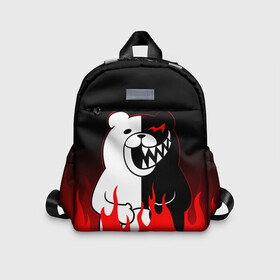 Детский рюкзак 3D с принтом MONOKUMA горит в пламени в городе Новоалтайск, 100% полиэстер | лямки с регулируемой длиной, сверху петелька, чтобы рюкзак можно было повесить на вешалку. Основное отделение закрывается на молнию, как и внешний карман. Внутри дополнительный карман. По бокам два дополнительных кармашка | Тематика изображения на принте: anime | bear | black  white | danganronpa | kurokuma | monodam | monokuma | monomi | monotaro | rabbit | school | shirokuma | аниме | главарь | мoноми | монокума | черно белый | школа
